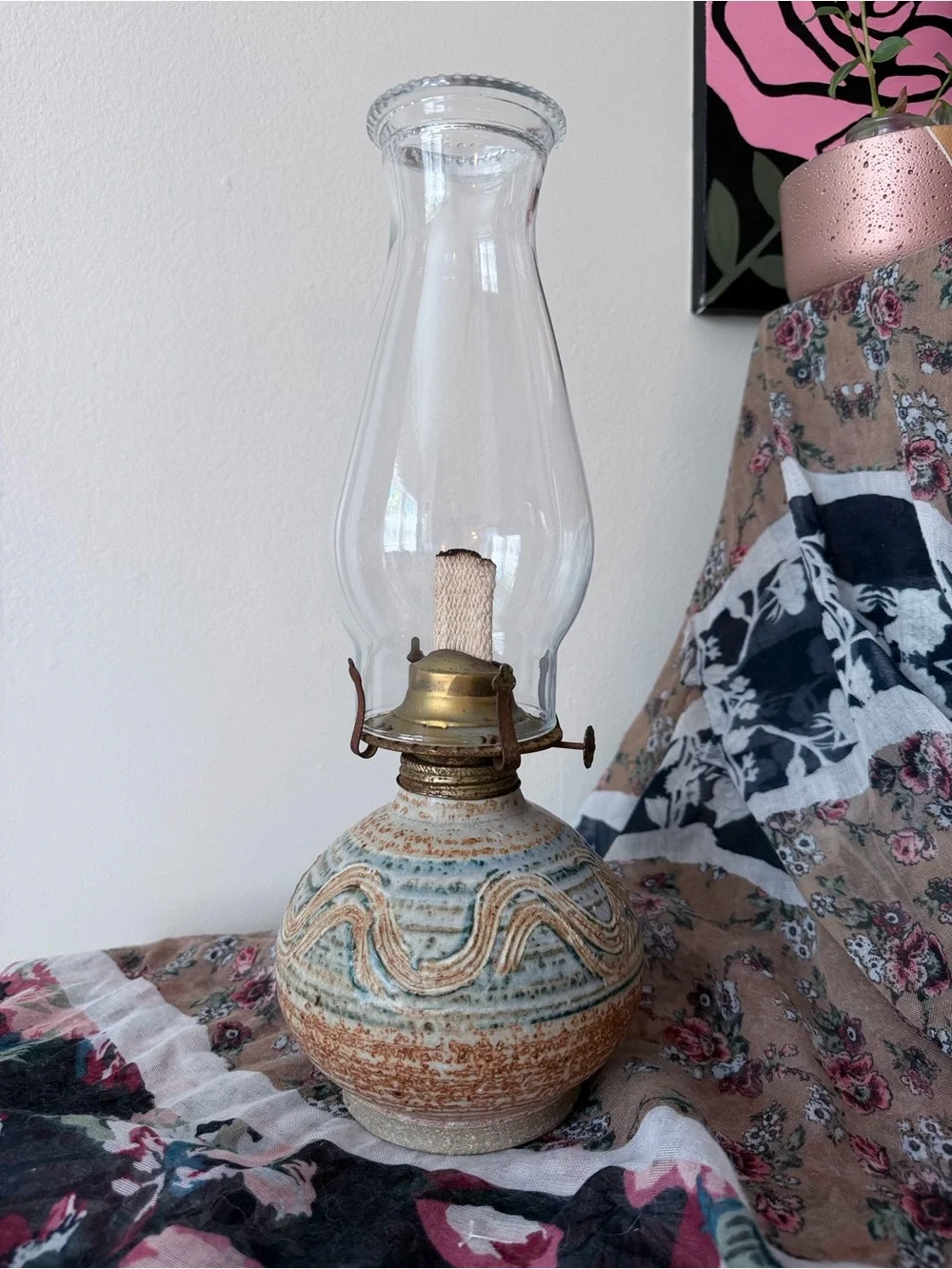 Oil Lamp Stoneware Hurricane Glass Chimney 14” Vintage Studio Pottery